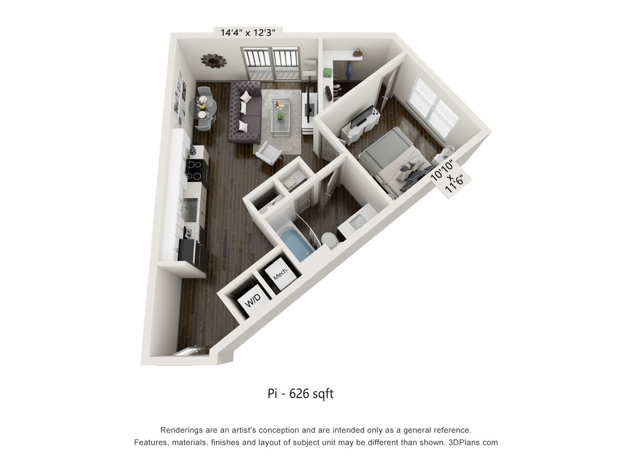 Floor plan for 1 bed, 1 bath, 626 sqft